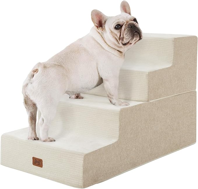 Dog Stairs for High Bed, Dog Steps for Bed Couch Sofa, 35D Foam Extra Wide Pet Steps for Small Dogs and Cats, Pet Stairs with Non-Slip Bottom Beige, 4 Steps