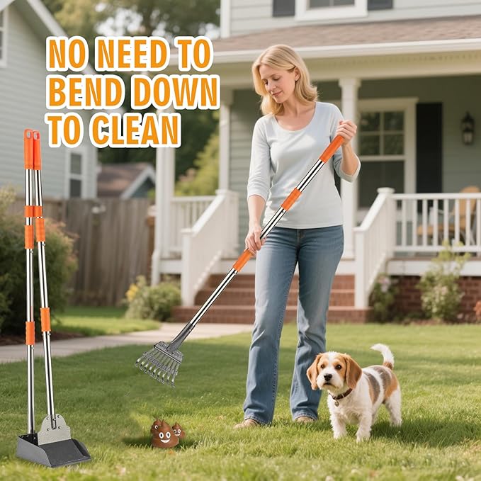TIMINGILA Pooper Scooper Dog Pooper Scooper Long Handle Stainless Metal Tray Rake Spade Set for Large Medium Small Dogs Easy to Clean Pet Waste Use for Yard, Grass, Dirt or Gravel - Pet Supplies