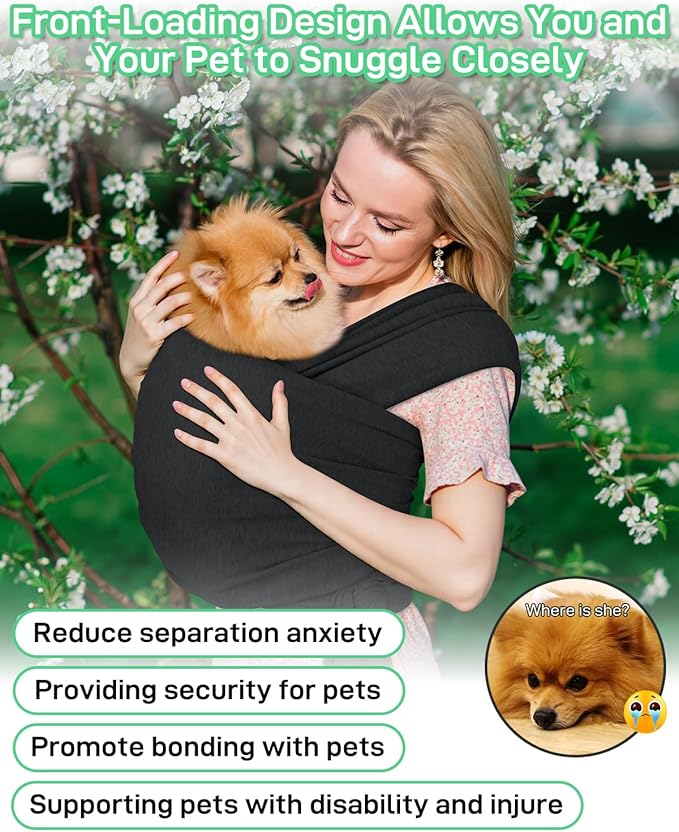 Dog Sling Swaddle Carrier for Small Dog, Cat Front Carriers for Small Pet up to 20lbs, Puppy Pouch with Adjustable Straps, Hands Free Pet Sling, Anti Anxiety Puppy Sling (Black)