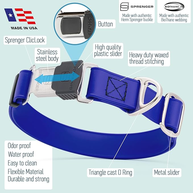 Dogline Biothane Waterproof Dog Collar with Herm Sprenger Stainless Steel Quick Release Buckle – Heavy Duty Tactical Durable Collar for Dogs – Comfortable and Safe Pet Collar W 1" L 15-25" Blueberry