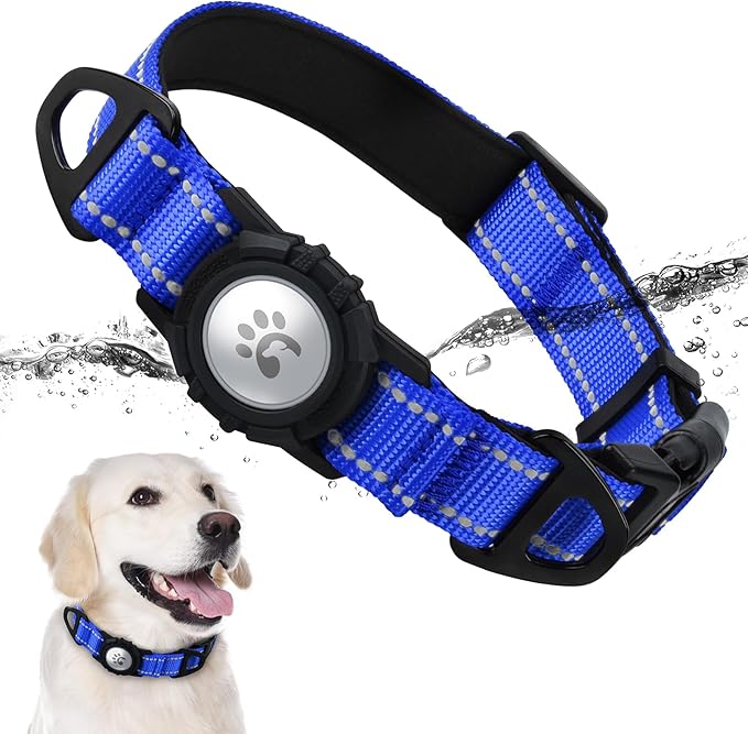 TagME Airtag Dog Collar,Waterproof Reflective Pet Collar with Airtag Holder,Soft Padded and Double D-Rings for Large Dogs,Navy Blue