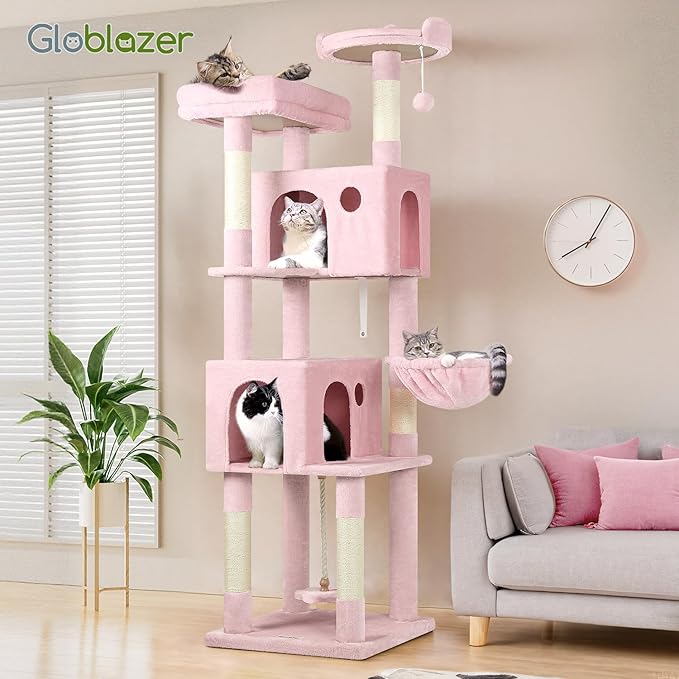 Globlazer Pink Cat Tree, 70 inch Tall Scratching Tower Multi-Level Cat Condo for Indoor Multiple Cats with 2 Large Cat Caves, Top Perch, Large Platform, Bottom Swing, F70B, Pink