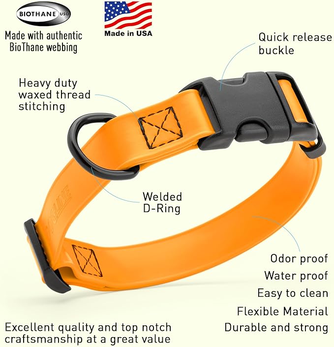 Dogline Biothane Waterproof Dog Collar with Quick Release Buckle Strong Coated Nylon Webbing with Odor- Proof for Easy Care Easy to Clean Fits Small Medium Large Dogs, Tangerine Orange 1" W 15-23" L