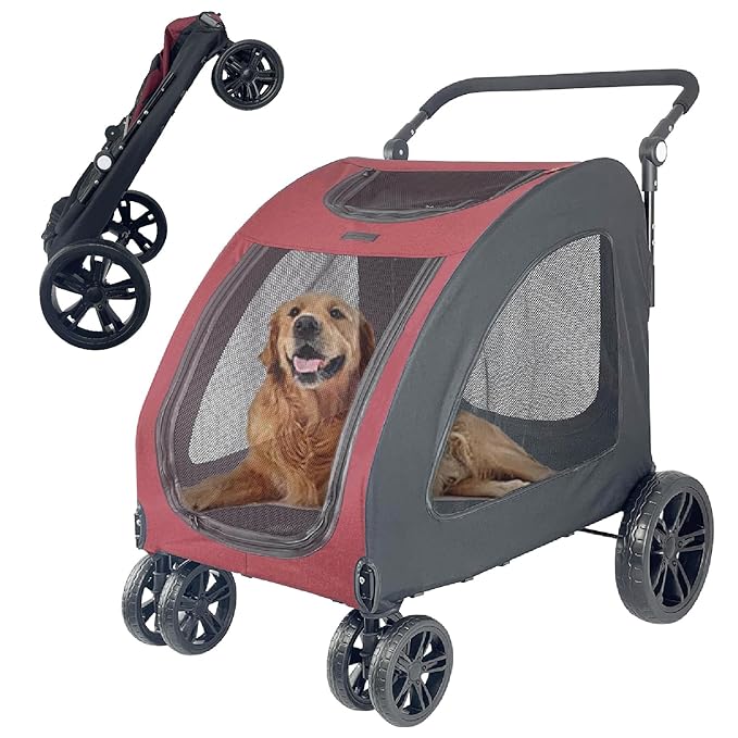 Extra Large Dog Stroller for Medium & Large Pets - Foldable Design, Adjustable Handle, Up to 130 lbs(Red)