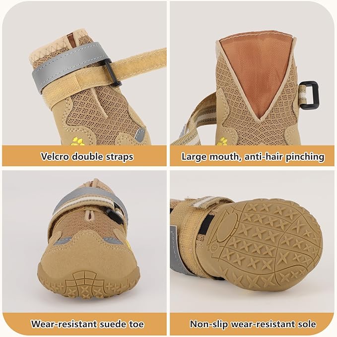 Dog Shoes, FISHOAKY Dog Shoes for Large Dogs, Mesh Breathable Dog Boots & Paw Protectors for Summer Hot Pavement Winter Snowy, 360°Anti Slip 4Pcs Dog Booties with Reflective Khaki (Size 4)