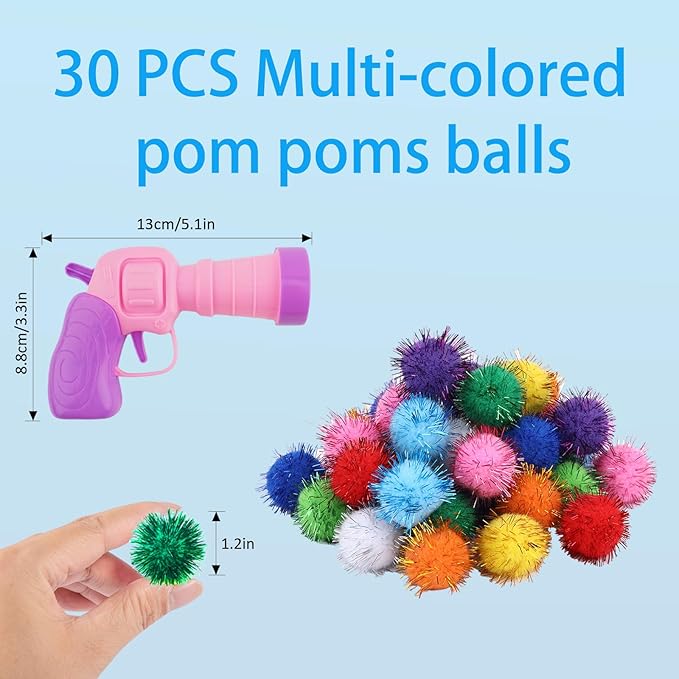 Dorhui Cat Toy Balls with Launchers Set, 30 Pcs Sparkle Pom Ball for Cat,Cat Enrichment Toys,cat Toys for Indoor Cats, Interactive Glitter Pom Ball for Kitty Gifts