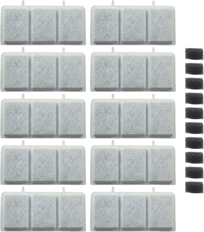 PET STANDARD Replacement Water Filter & 10 Pack Replacement Pre-Filter Sponges Compatible with Petory® 74oz/2.2L Automatic Pet Fountain, Pack of 10