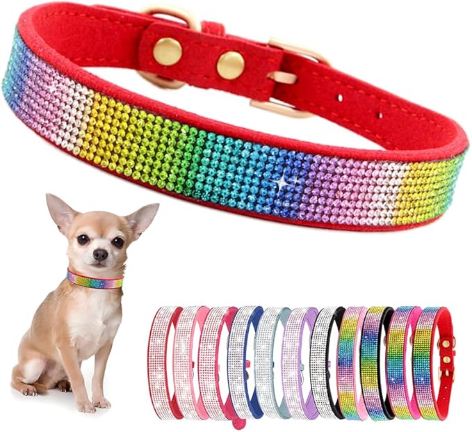 Rhinestone Dog Collar for Small Dogs, Bling Diamond Fancy Crystal Glitter Pretty Jewel Pet Puppy Collars for XXS XS Small Medium Large Breed Girl Dogs Female Cats Kitten, Colorful Red M