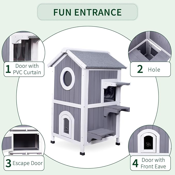 GEGURI Outdoor Cat House Weatherproof, Wooden Two-Story Feral Cat Shelter with Openable Roof, Escape Door, Balcony