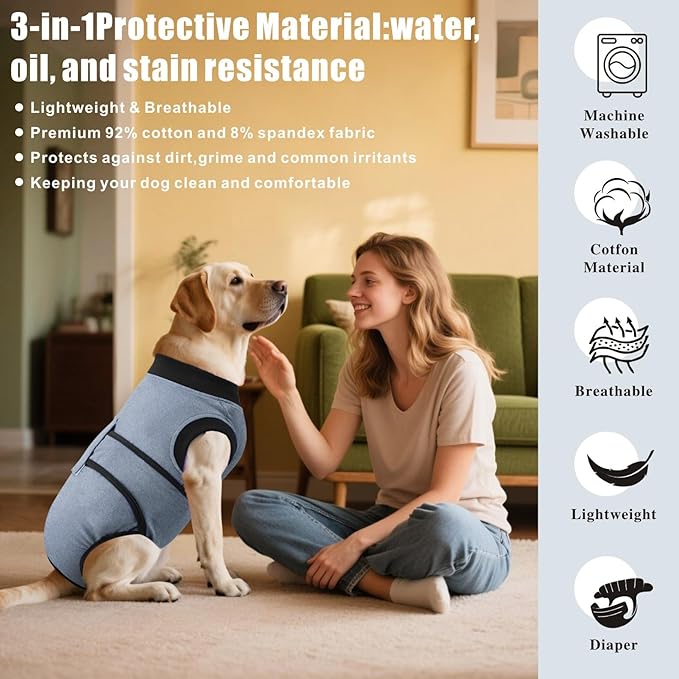Idepet Dog Recovery Suit Female,Dogs Onesie Suit Surgery Male Breathable Pet Bodysuit for Spay Neuter E-Collar & Cone Alternative Surgical Suit Puppy Abdominal Anti Licking Wounds Shirt (Gray, XL)