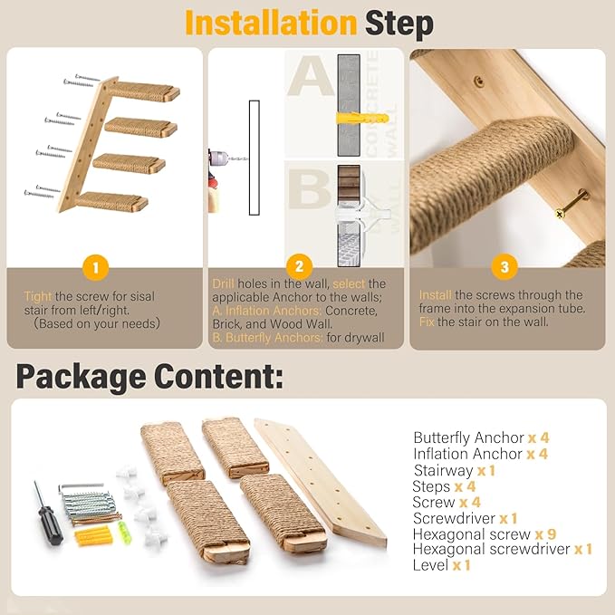 4-Step Cat Wall Shelves and Stairs With Sisal Rope - Improved & Stronger Tree Supplies, Large, Brownish White
