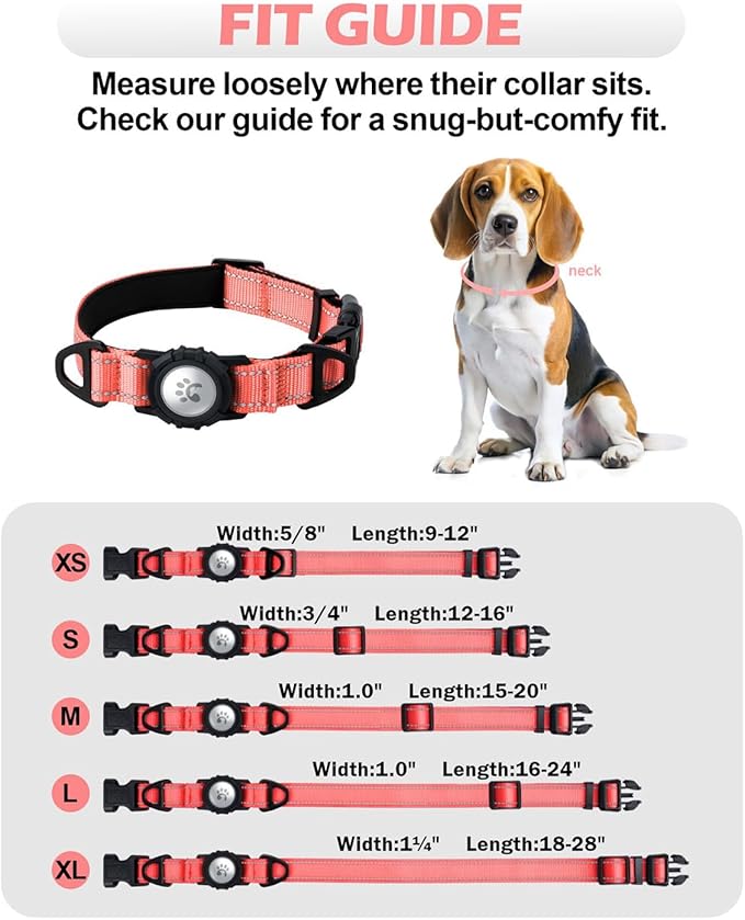 TagME Airtag Dog Collar,Waterproof Reflective Pet Collar with Airtag Holder,Soft Padded and Double D-Rings for Extra Large Dogs,Baby Pink