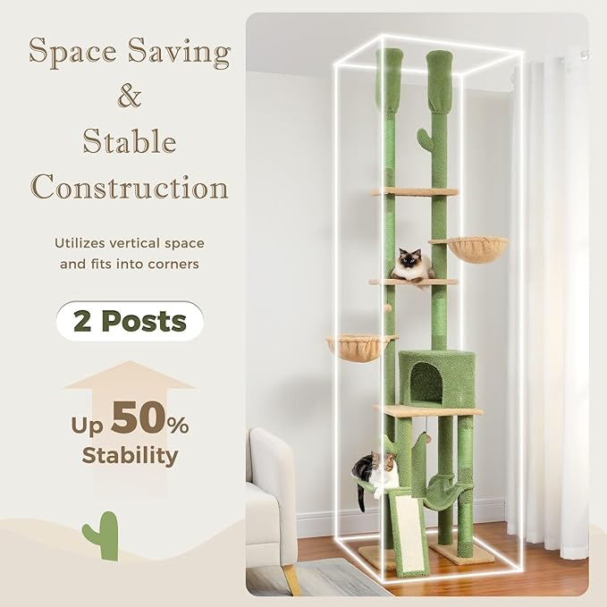 PAWZ Road Cactus Cat Tree Floor to Ceiling Cat Tower with Adjustable Height(85-112 Inches), 7 Tiers Climbing Activity Center with Cozy Hammocks, 5 Platforms and Scratching Posts for Indoor Cats