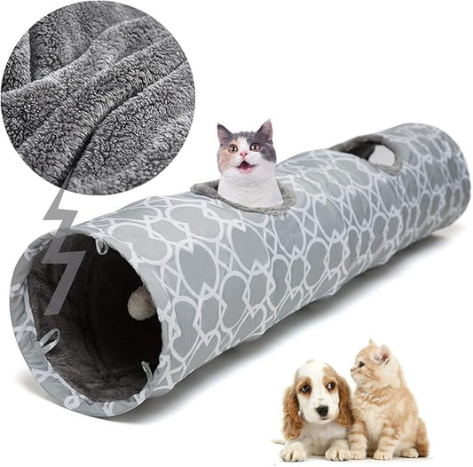 LUCKITTY Geometric Straight Cat Tunnel with Plush Inside,Cats Toys Collapsible Tunnel Tube with Balls, for Rabbits, Kittens, Ferrets,Puppy, Diameter 9.8 Inch