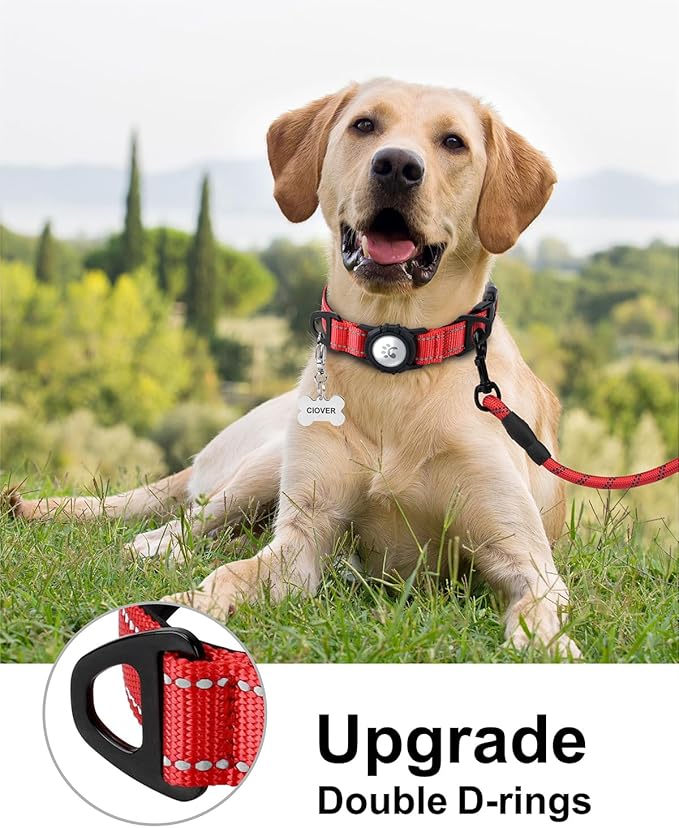 TagME Airtag Dog Collar,Waterproof Reflective Pet Collar with Airtag Holder,Soft Padded and Double D-Rings for Large Dogs,Red