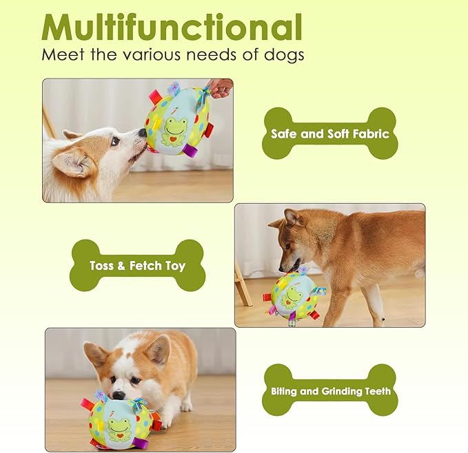 Dog Squeaky Plush Toy with Straps, 6-Inch Soft Stuffed Ball with Cotton Material and Bell Built-in, Pet Interactive Fetch Toy for Small to Large Dog