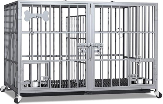 aboxoo 42/48 inch Heavy Duty Metal Dog Crate for 2 Dogs/Large Dog,All Metal Open Top,Dog Kennel Indoor with Wheels,Floor Grid, Tray, Divider and Feeding Bowl (Sliver)