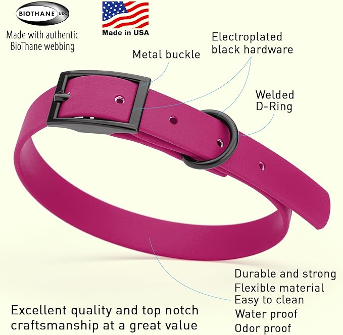 Dogline Biothane Waterproof Dog Collar Strong Coated Nylon Webbing with Black Hardware Odor- Proof for Easy Care Easy to Clean High Performance Fits Small Medium or Large Dogs, Magenta Pink