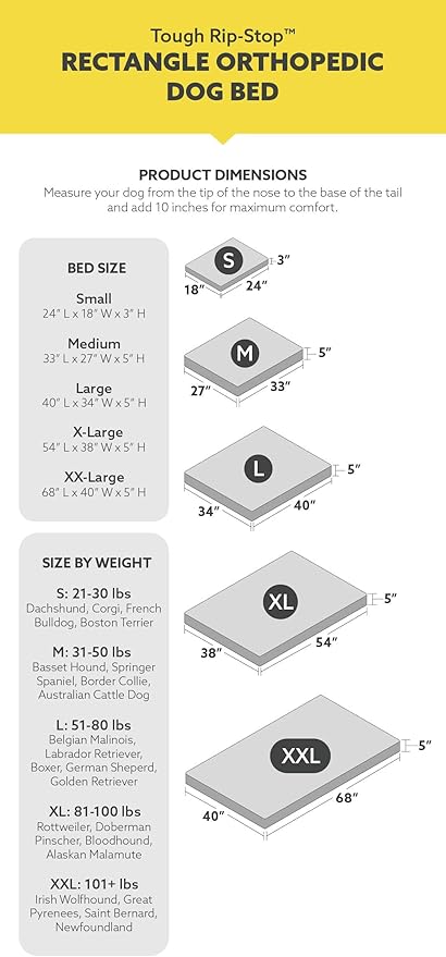 K9 Ballistics Tough Ripstop Orthopedic Rectangle Dog Bed Removable Washable Cover, Solid Orthopedic Foam for Size XXL Giant Big Dogs 68"x40", Light Gray Velvet