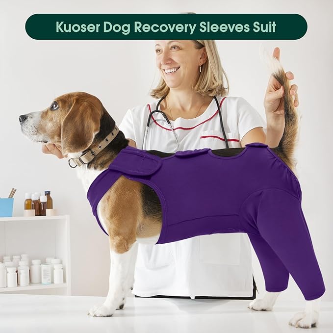 Kuoser Thigh Wound Protective Sleeve for Dogs, Dog Surgery Recovery Suit for Rear Legs, Dog Recovery Sleeve for Female Male Dogs, Dog Onesie After Surgery Pet Surgical Suit for Spay Neuter, Purple XS