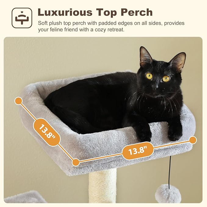 62-Inch Cat Tree for Indoor Cats, Large Cat Tower with Scratching Posts for Large Cats, 2 Bigger Plush Condos, Padded Platform, Soft Cat Bed and Scratching Pad, 2 Pompoms, Gray