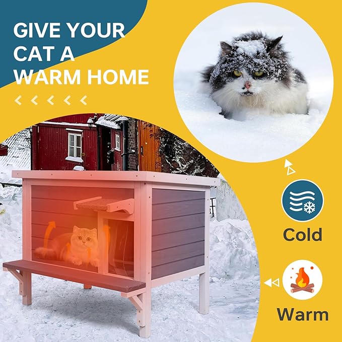 GEGURI Insulated Cat House Outdoor Weatherproof Feral Cat Shelter for Winter Large Wooden Enclosure with Escape Door