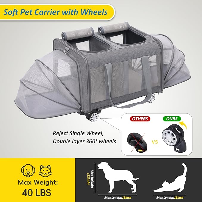 Expandable Pet Carrier with Wheels, Double Cat Dog Carrier 21"x 17"x 16" up to 40 Lbs, Rolling Pet Carrier for Cats and Dogs, Extra Large Pet Travel Carrier, Ideal for Outdoor/Travel