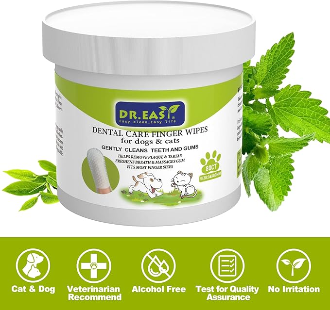 DR.EASY Breath Freshener Dental Finger Wipes 80ct for Dog & Cat, Help Wipe Away Plaque&Tartar, No Added Harsh Chemicals No Brush Formula