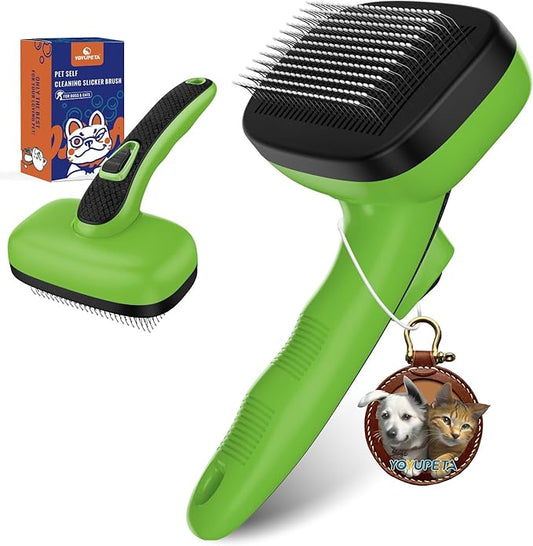 Dog Self Cleaning Slicker Brush for Shedding, Ideal for Short Long Haired Dogs, Including Cat. Removes Loose Fur, Undercoat, Mats, Tangled Hair. Suit for Large Medium Small Animal, Green