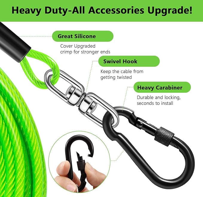 Dog Tie Out Cable 10FT-500Lbs,Heavy Duty Dog Leads&Tether for Yard with Swivel Hook,Small Large Dogs Leash Line for Outside,Rust Chew Proof Dogs Run Cable for Outdoor Camping (Green, 10FT)