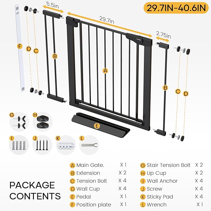 Cumbor 2 Pack 29.7-40.6" Baby Gate for Stairs, Mom's Choice Awards Winner-Dog Gate for Doorways, Pressure Mounted Self Closing Pet Gates for Dogs Indoor, Safety Child Gate with Easy Walk Thru Door