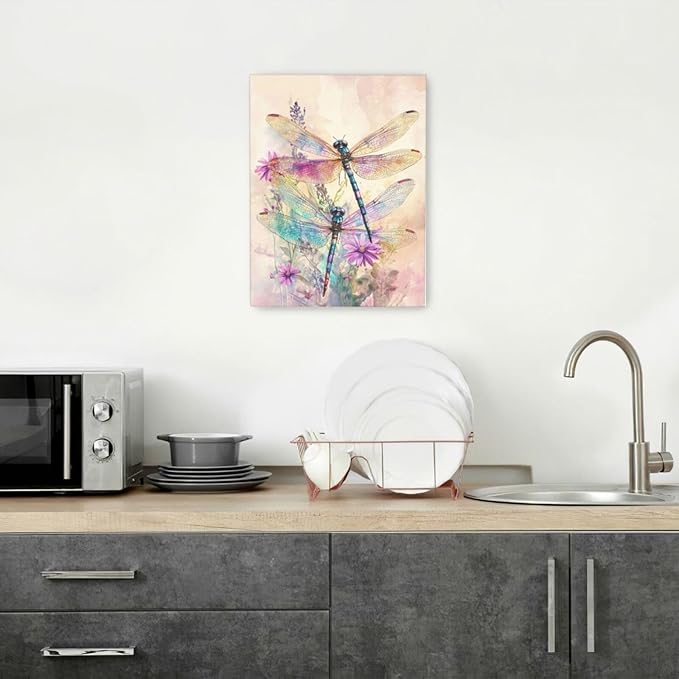 Dragonfly Bathroom Pictures Wall Art, Floral Bathroom Wall Decor, Framed Painting Canvas Artwork for Bedroom Living Room Decorations 16"L x 12"W