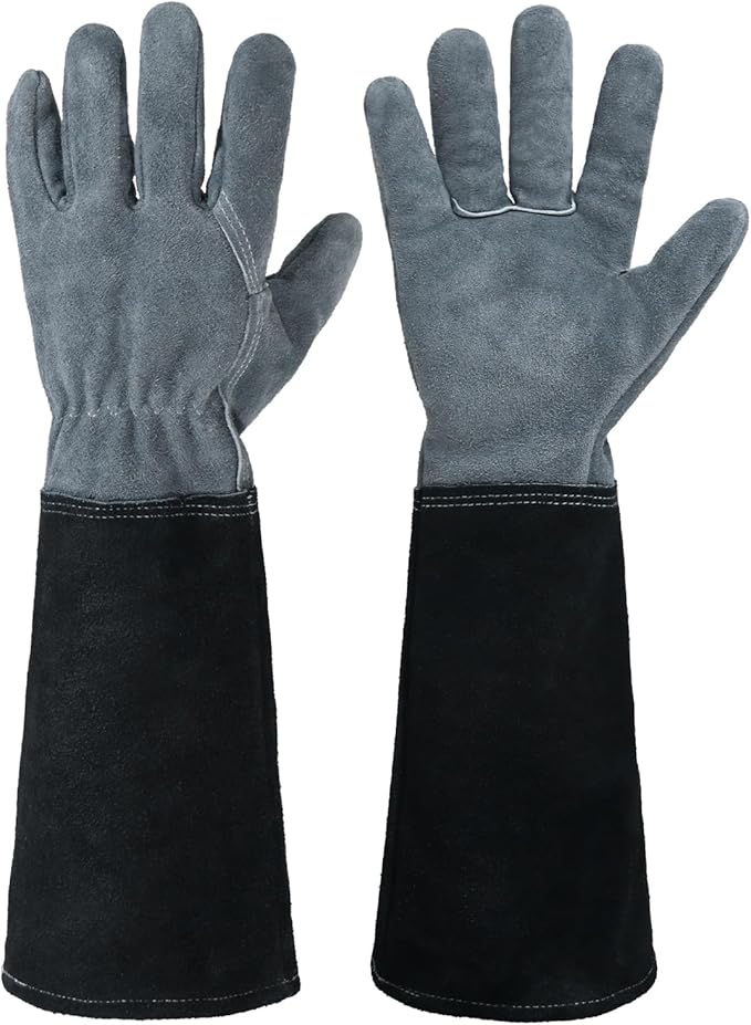 HANDLANDY Long Gardening Gloves for Men & Women, Cowhide Leather Rose Pruning Gloves, Breathable Thorn Proof Gauntlet Glove (Dark Grey-Black, M)