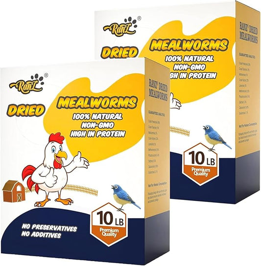 RANZ 20LBS Non-GMO Dried Mealworms for Chickens, High Protein Meal Worms, Premium Chicken Feed, Whole Large Mealworms for Blue Birds, Ducks, Fish