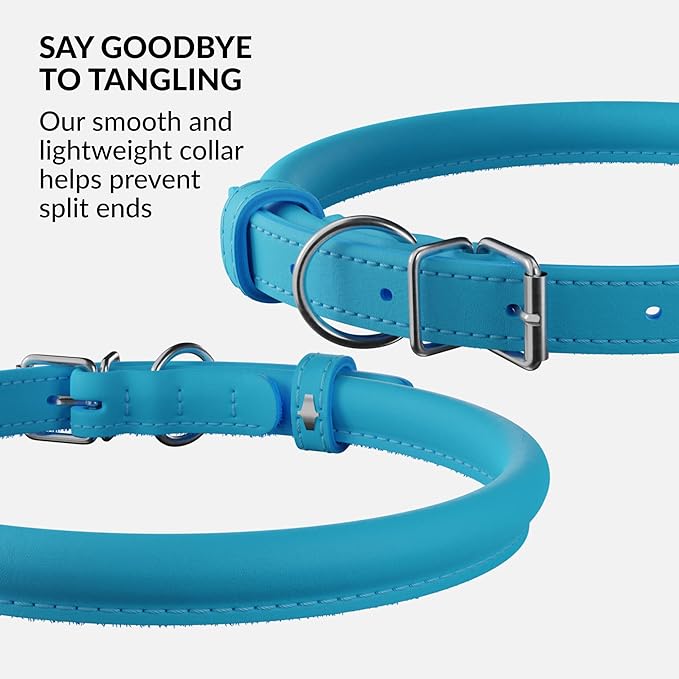 CollarDirect Rolled Leather Dog Collar, Soft Padded Round Puppy Collar, Handmade Genuine Leather Collar Dog Small Large Cat Collars 13 Colors (6 Inch, Light Blue)