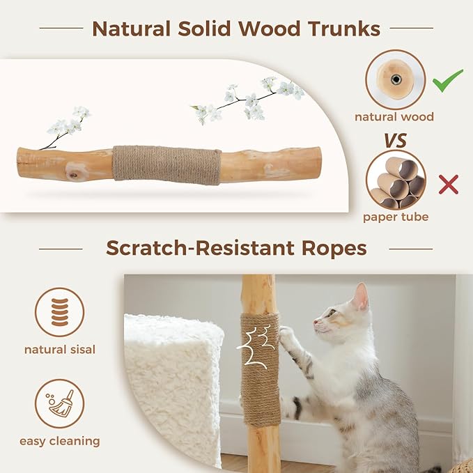 PAWZ Road Cat Tree for Indoor Cats Large Adults,38 Inches Modern Cat Tree Tower with Spacious Wicker Basket,Natural Solid Wood Scratching Posts,Curved Bed,Luxury Cat Condo for Large Cat
