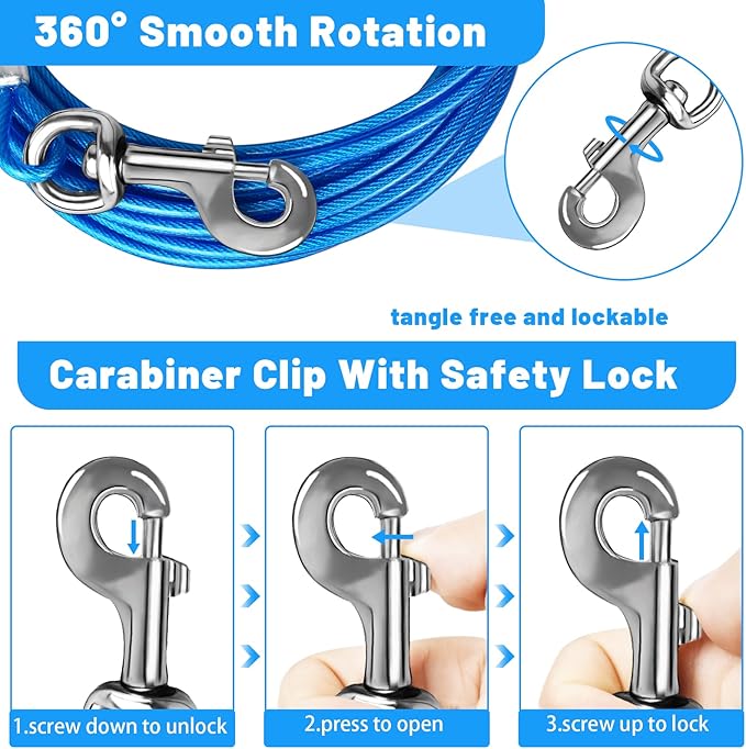 Dog Tie Out Cable 10/15/20/25/30 FT Runner for Yard Steel Wire Cable with Durable Superior Clips Blue Chains for Outside Dog Lead for Large Up to 165 Lbs