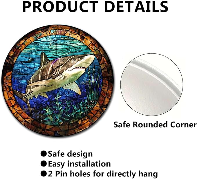 Lygond Metal Sign Tin Sign Circular Stained Glass Shark Vintage Decor For Club 12×12 Inches