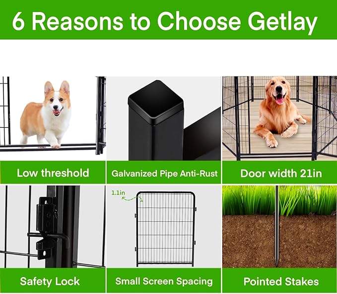 Tall Garden Fences and Borders for Dogs, 4.6ft High Dog Fence, 10 Panels Total 22.1Ft Long, Gate 21 inches Wide with Low Sills, Animal Barrier Fence, Metal Fence Panels, Flower Bed Fencing