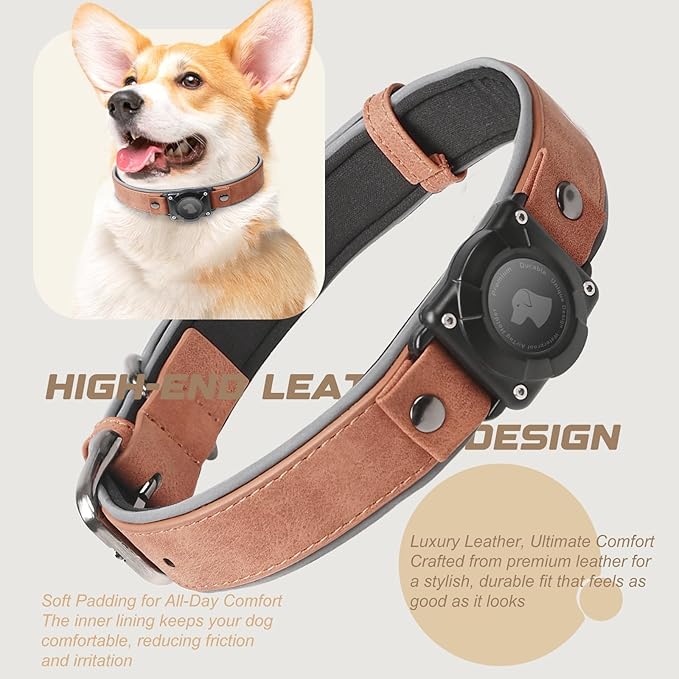 AirTag Dog Collar - Leather Dog Collar with Air Tag Holder | IPX8 Waterproof, Reflective, High - End, Adjustable Soft Padded | Dog GPS Tracker Collars Fit for Medium Large Dogs (Mahogany Brown, L)