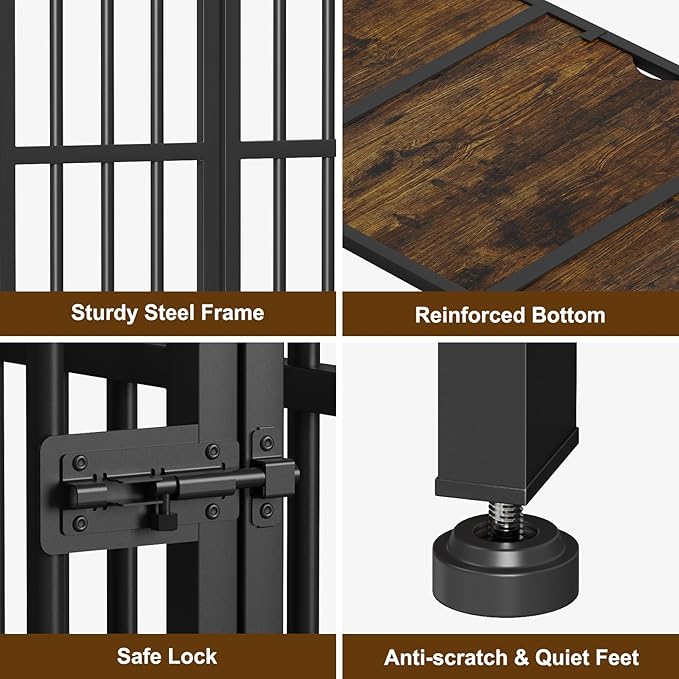 Easycom 41" Dog Crate Furniture Foldable, No Assembly Decorative Dog Kennel Indoor, Dog Crates for Large Dogs (40–65 lbs), Wooden Dog Cage with Adjustable Bowls and Name Tag, End Table, Rustic Brown