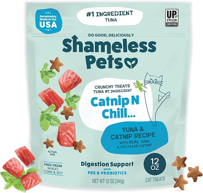 Shameless Pets Crunchy Cat Treats - Catnip Treats for Cats with Digestive Support, Kitten Treats with Real Ingredients, Natural & Healthy Flavored Feline Snacks - Catnip N Chill Tuna, 12 oz