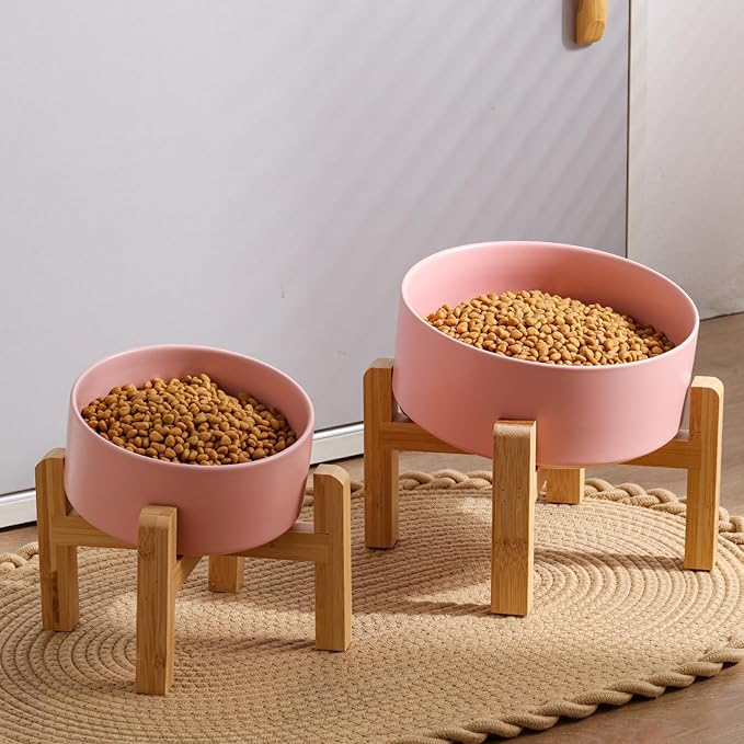 Pink Elevated/Raised 15°Tilted Anti Slip Ceramic Dog Bowl for Medium & Large Breeds,Slanted Bulldog Big Face Pet Food Water Feeding Dish with Stand (7.6 Cups/60OZ)