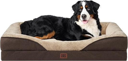 EHEYCIGA Memory Foam XXL Dog Bed for XLarge Sized, Extra Large Orthopedic Dog Sofa with Sides and Waterproof Liner, Washable Bolster Pet Couch with Removable Cover, 52x41x8 Inch, Brown