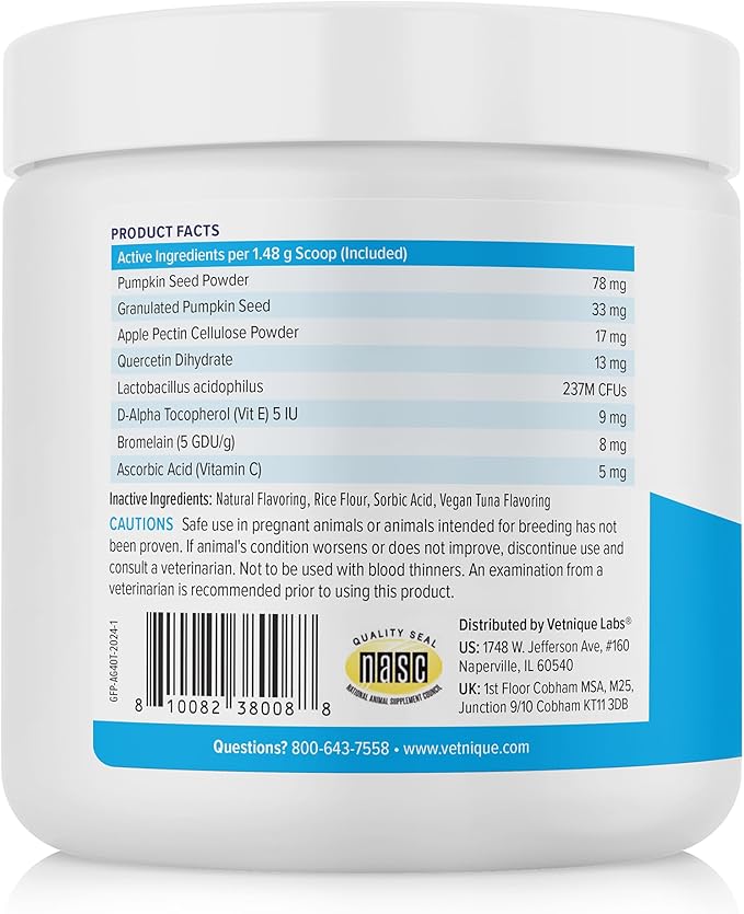 Vetnique Glandex Feline Anal Gland or Daily Probiotic Fiber Supplement Powder for Cats with Digestive Enzyme, Probiotics and Pumpkin, Vet Recommended for Healthy Bowels (4oz, Anal Gland Powder - Tuna)
