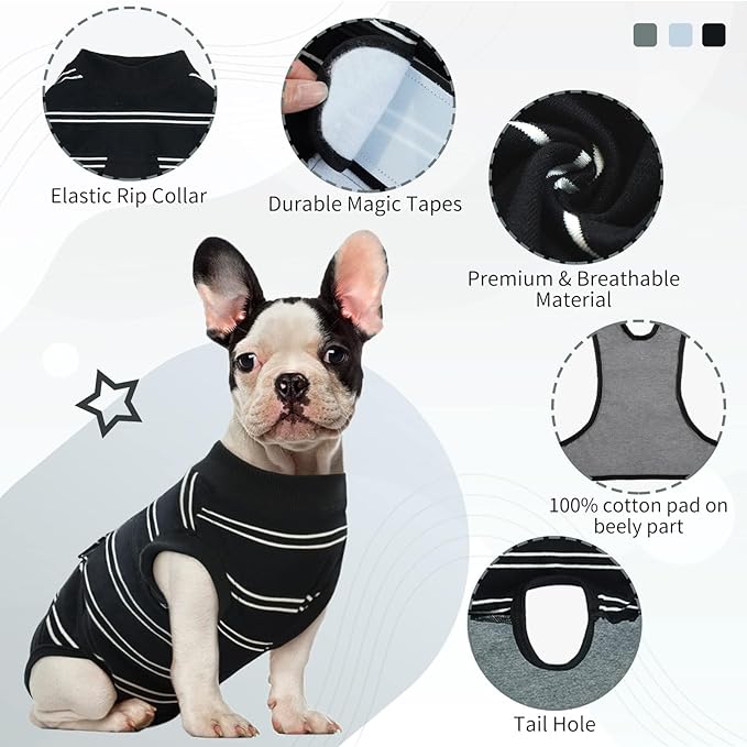 Kuoser Dog Surgery Recovery Suit for Female Male Dogs, Stripes Spay Neuter Anti-Licking Dog Onesie, Surgical Suit Snugly Pet Post Surgery Vest Bodysuit for Abdominal Wounds Skin Disease, Black XS