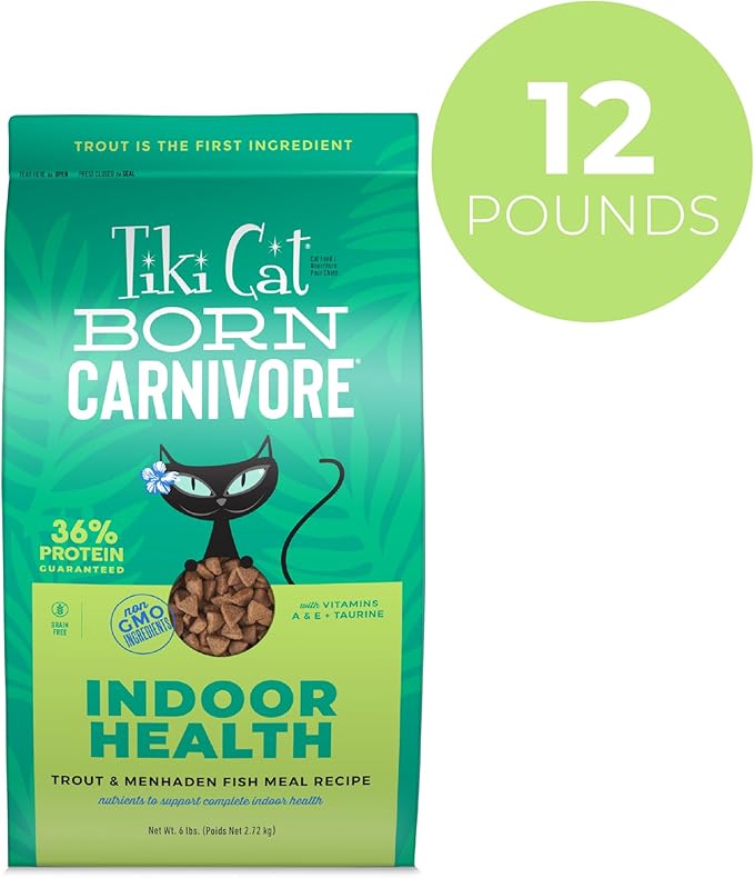 Tiki Cat Born Carnivore Indoor Health, Trout & Menhaden Fish Meal, Grain-Free Baked Kibble to Maximize Nutrients, Dry Cat Food, 6 Lbs. Bag