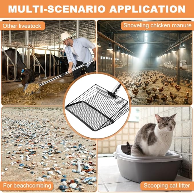 10inch Chicken Poop Scooper, Chicken Coop Scoop for Poop, 4 Sections Extended with 22 to 77inch Stainless Steel Adjustable Handle, Litter Scooper Sifting Shovel