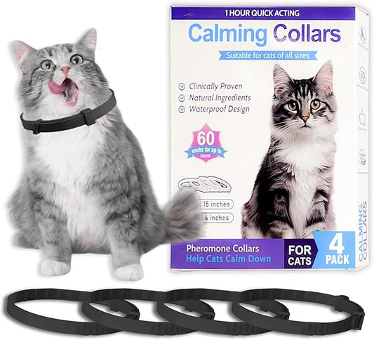 Simnice Calming Collar for Cats - 4 Pack, Adjustable Calming Collar for Cats - Pheromone Cat Collars for Anxiety & Stress Relief, Water-Resistant & Long-Lasting Effect (Black)