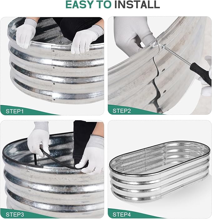 Galvanized Raised Garden Bed - 4×2×1ft (2 Packs) Planter Raised Beds for Gardening | Oval Metal Garden Planter Box with Safety Edging and Gloves for Vegetables Fruits and Flower - Silver